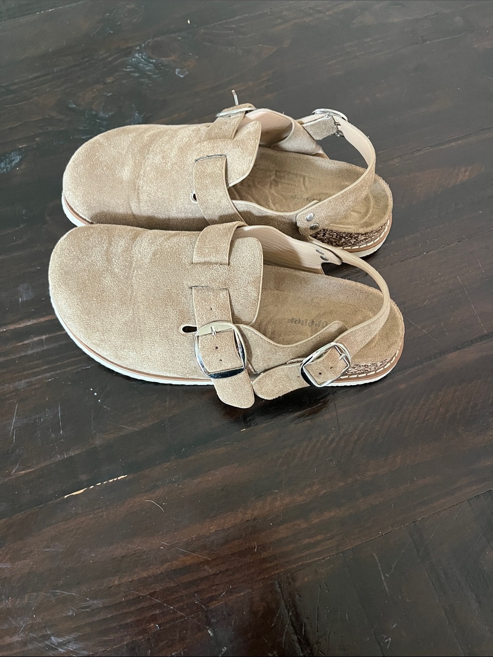Suede Buckle Slingback Clogs in Taupe
Used